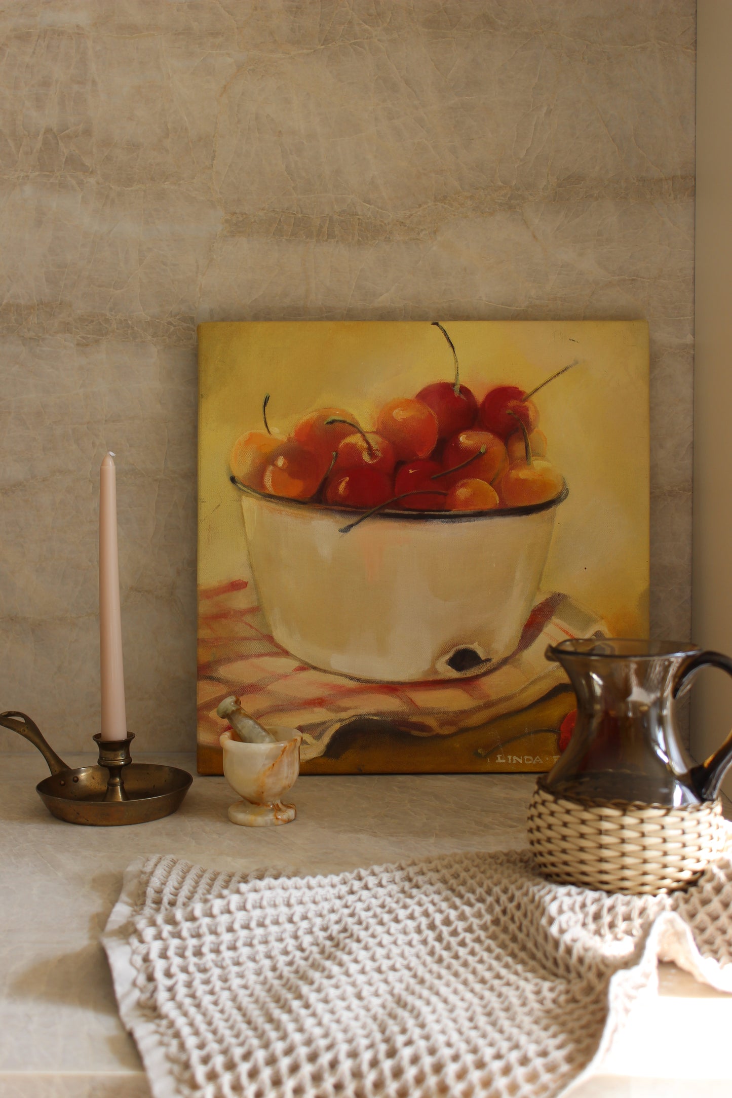 Antique Painting by Linda Potts - Bucket of Cherries